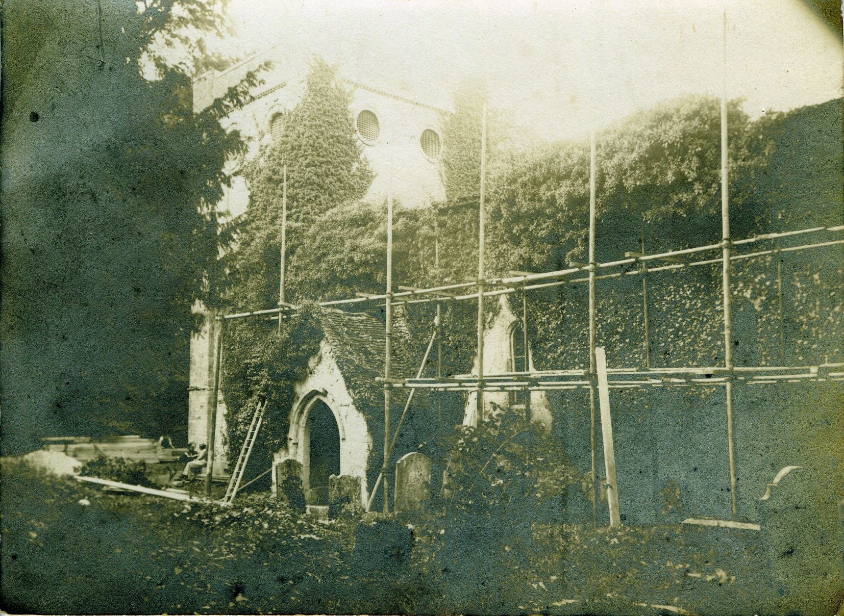 Church exterior during renovations.