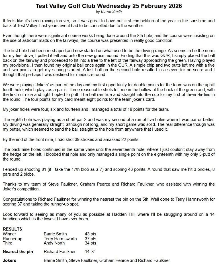 Bracknell Cavaliers Golf Society Test Valley 25 February 2026