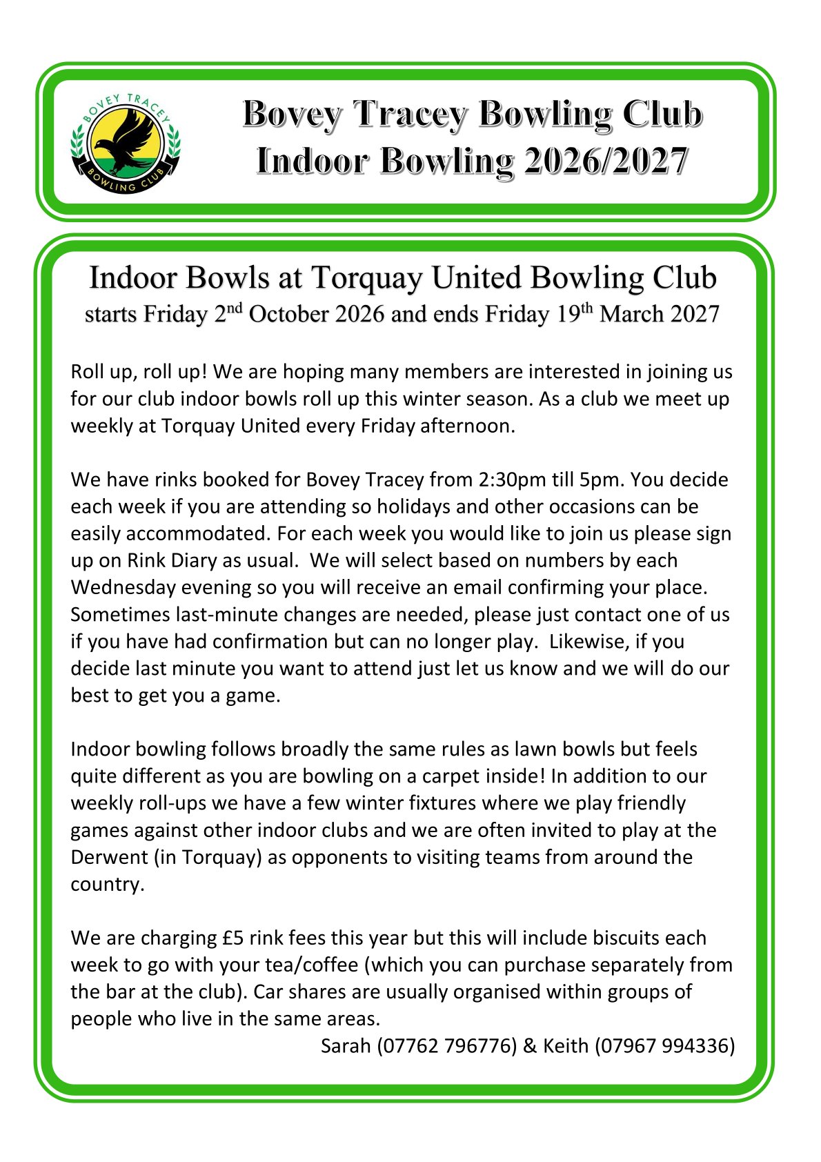 Bovey Tracey Bowling Club. SOCIAL DIARY 2026