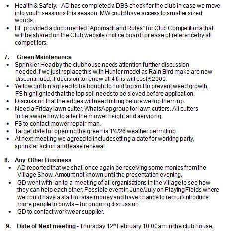 Sutton Bonington Bowls Club Committee Meeting Minutes