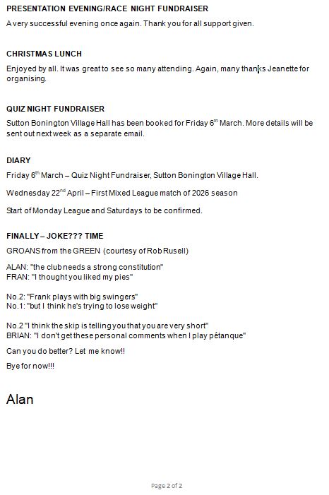 Sutton Bonington Bowls Club Club Newsletters