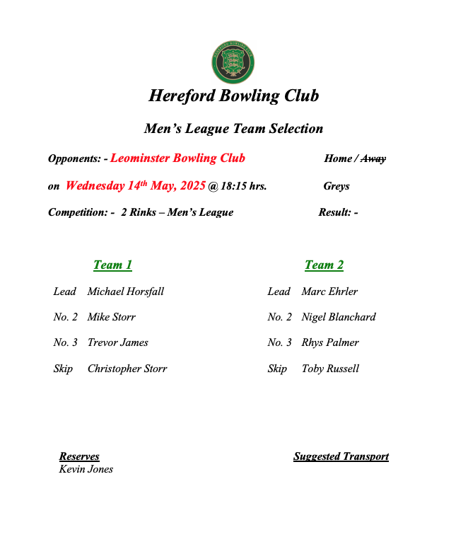Hereford Bowling Club Leominster - Men's League - 14/05/25