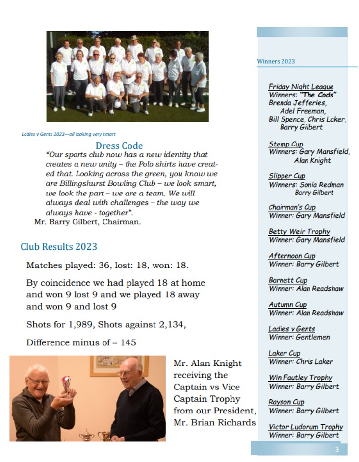 Billingshurst Bowling Club Newsletter November 2023