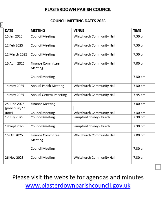 PLASTERDOWN GROUPED PARISH COUNCIL Meeting Dates