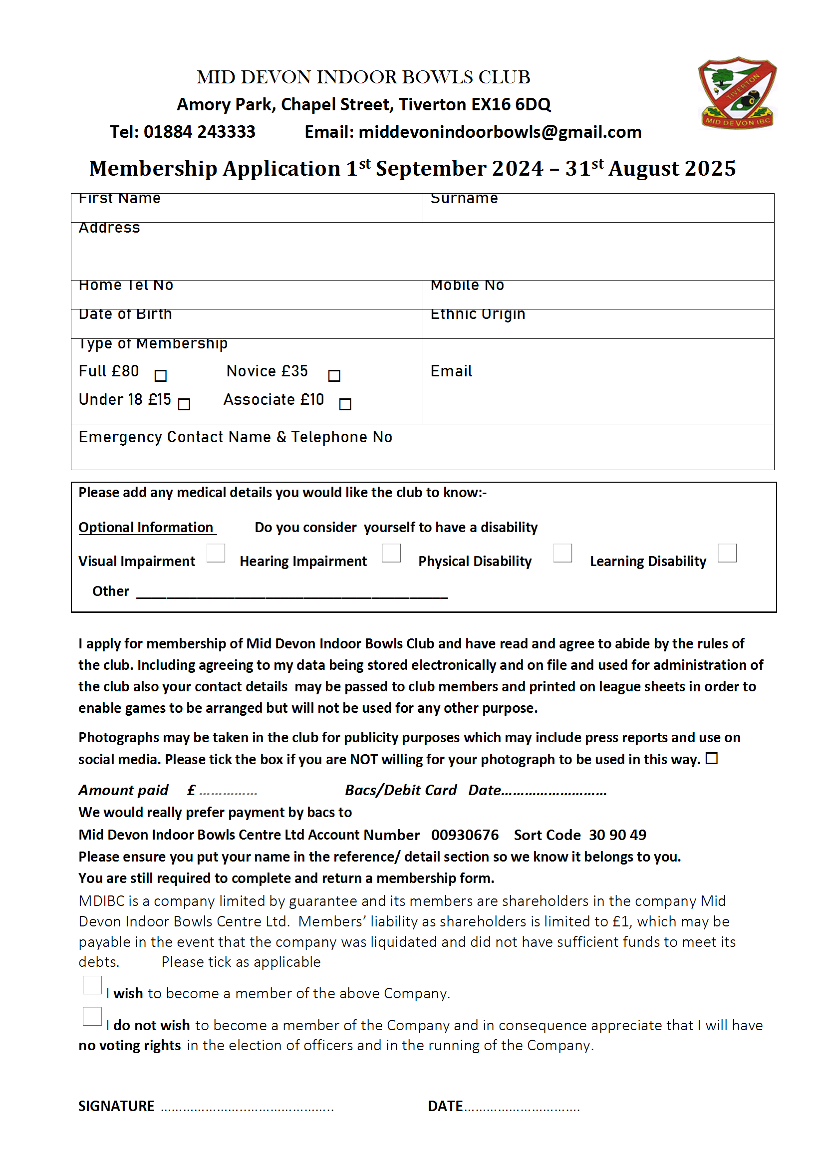 Mid Devon Indoor Bowls Membership Form