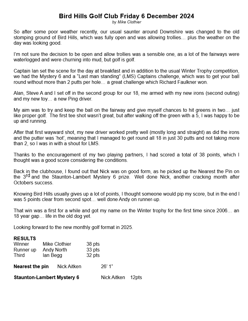 Bracknell Cavaliers Golf Society Bird Hills Friday 6 December 2024
