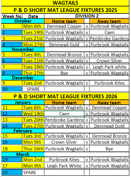 Wagtails Division 2 Fixtures  2025/26