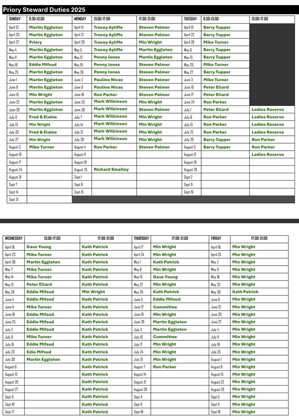 Priory Bowls Club Priory Steward Rota 2025