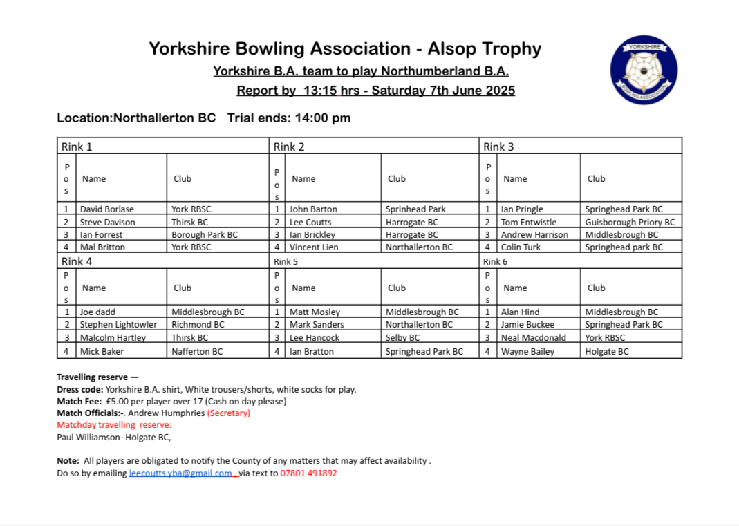 Yorkshire Bowling Association 7th June v Northumbria@Northallerton BC