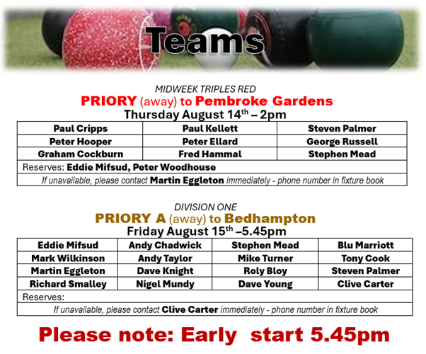 Priory A are away to Bedhampton in a crunch last game of the season on their artificial surface. Priory are two points clear of Alexandra who are in the relegation battle to stay in Div 1. If everyone is positive on the day we will win through - UP THE PRIORY