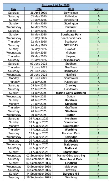Billingshurst Bowling Club 2025 Fixtures