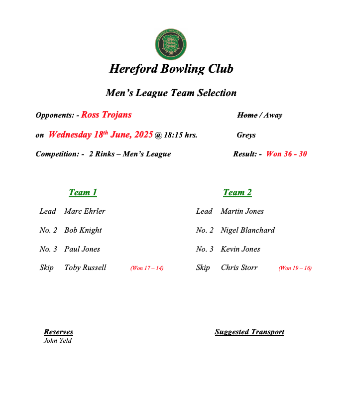 Hereford Bowling Club Ross Trojans - ML - 18/06/25