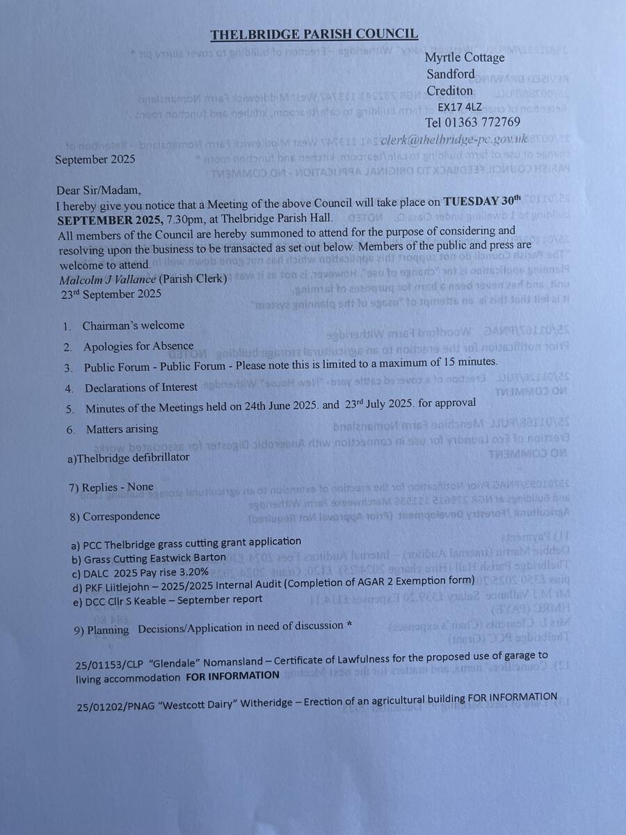 Thelbridge Parish Council 30th September 2025 Agenda