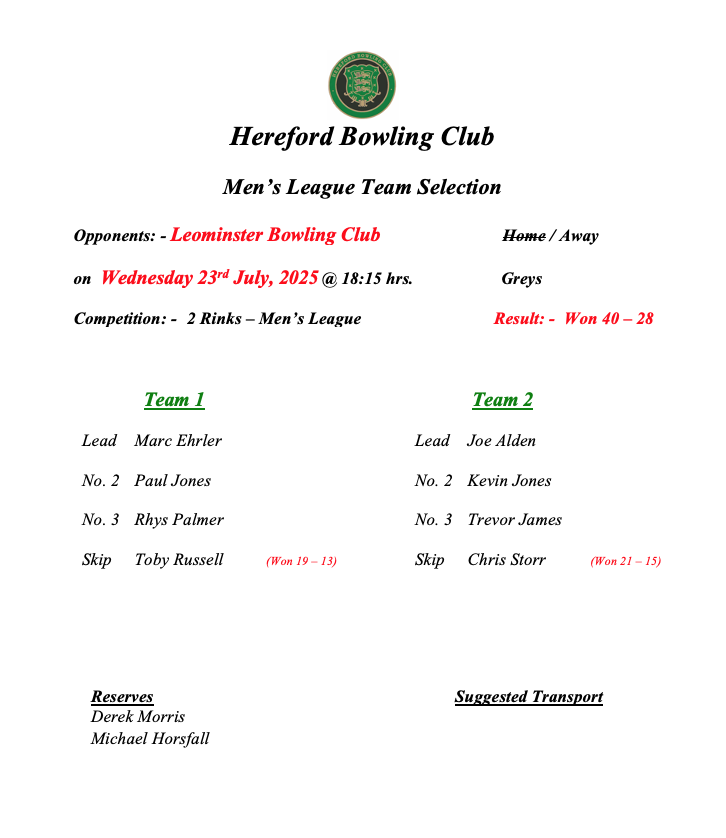 Hereford Bowling Club Leominster - Men's League - 23/07/25