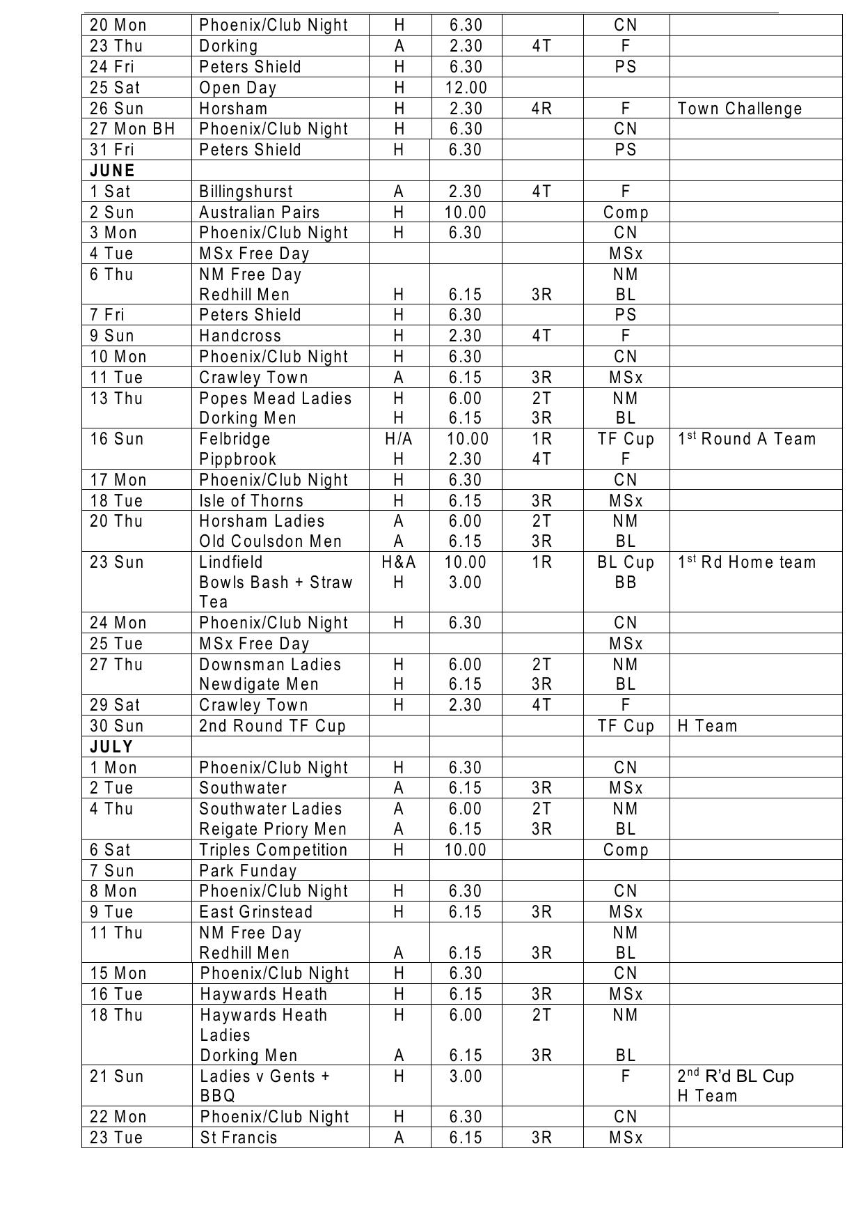 Horsham Park Bowls Club 2024 Fixture Calendar