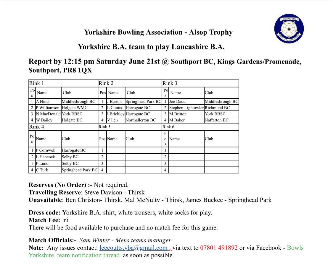 Yorkshire Bowling Association 21 June 25 v Lancashire@Southport BC