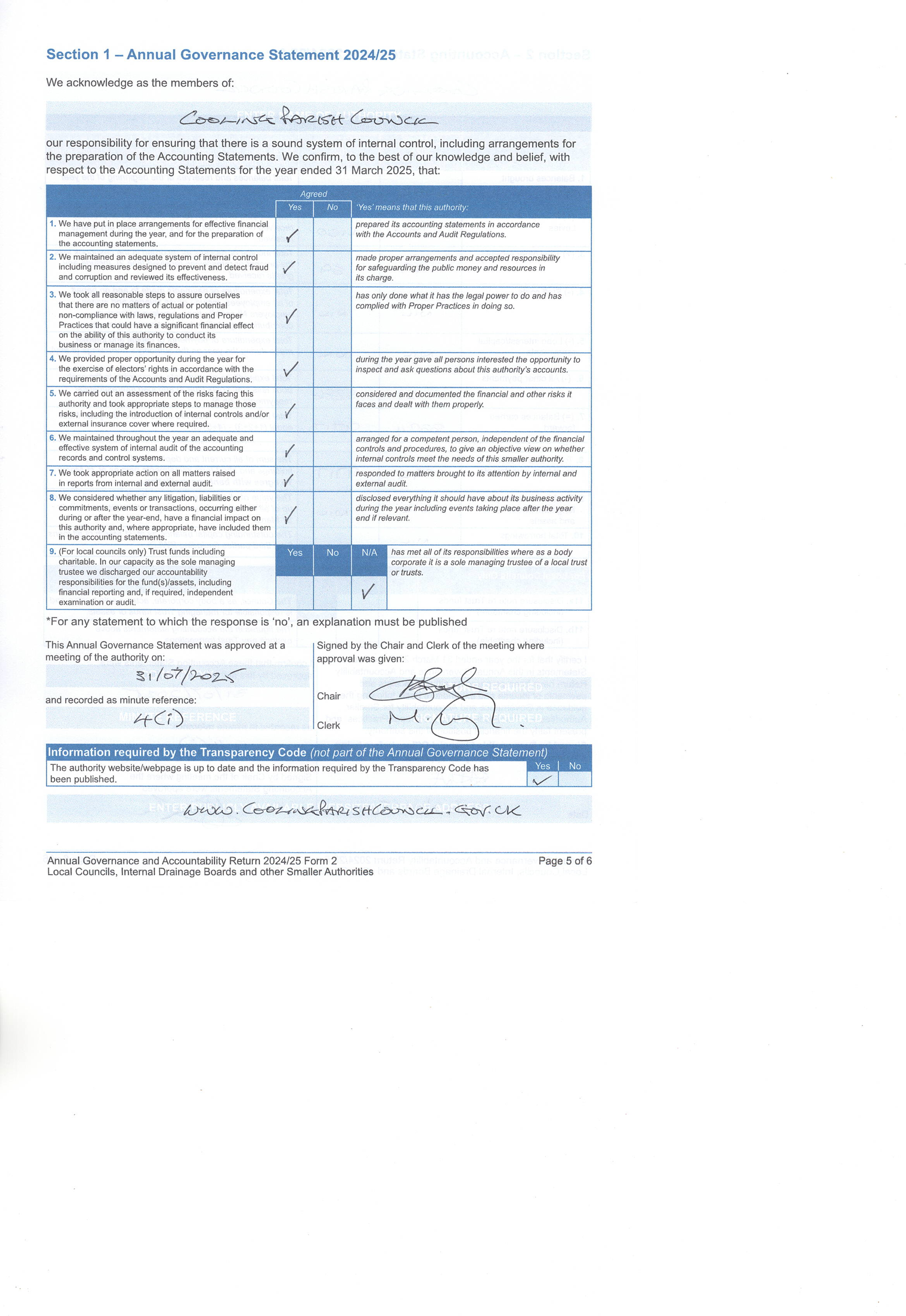 Cooling Parish Council Accounts 2024-2025
