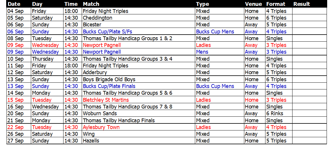Buckingham West End Bowls Club 2006 September Fixtures