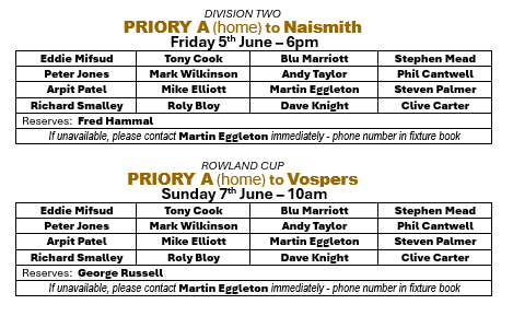 Priory Bowls Club Teams for week beginning: 1st June