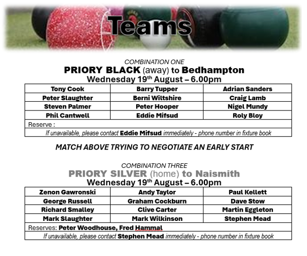 Priory Bowls Club Teams for Wednesday 19th August