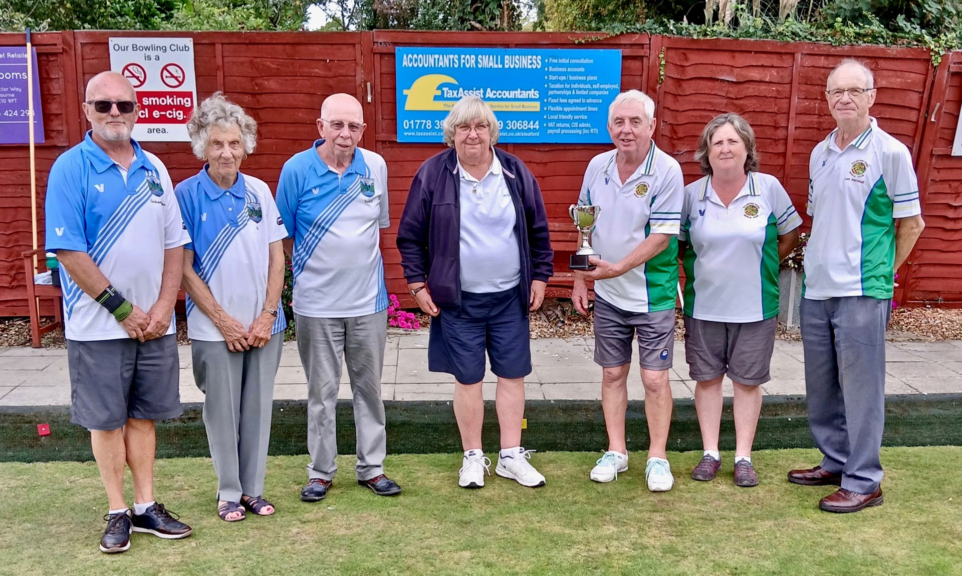 President's Triples finalists, Bourne Town and Stamford Town, with Secretary Nina Rawlins President's Triples finalists, Bourne Town and Stamford Town, with Secretary Nina Rawlins
