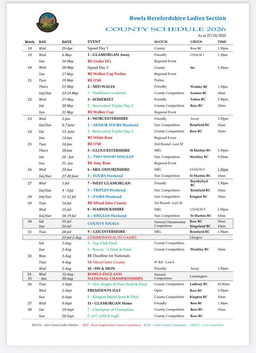 Ladies Schedule 2026 as at 28/11/2025
