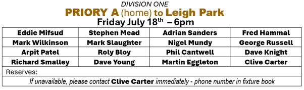 Priory Bowls Club Team for Friday 18th July