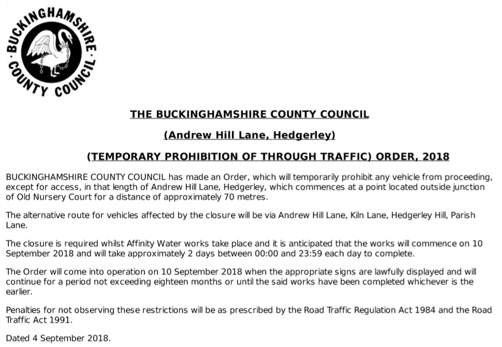 Andrew Hill Lane Road Closure 10/09/2018