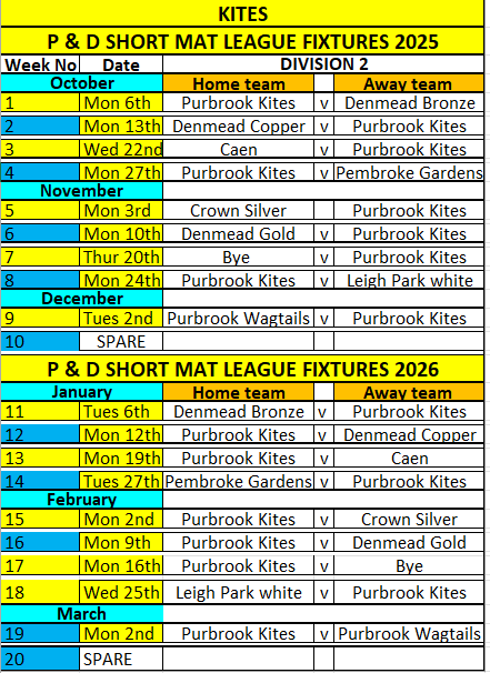 Kites Division 2 Fixtures 2025/26