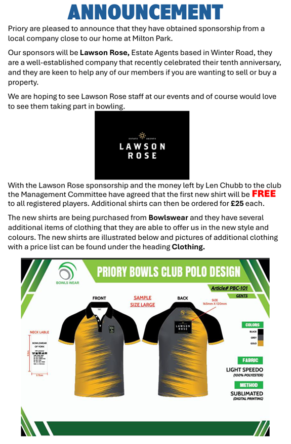 Priory Bowls Club Sponsorship