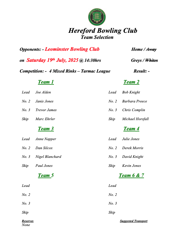 Hereford Bowling Club Leominster - Tarmac League - 19/07/25