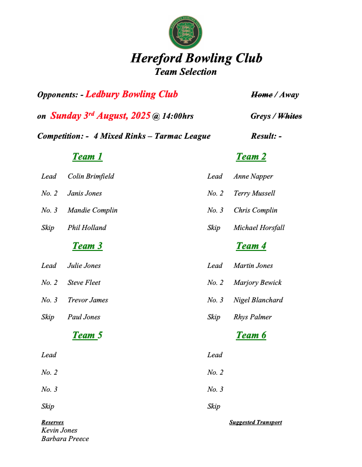 Hereford Bowling Club Ledbury - Tarmac League - 03/08/25