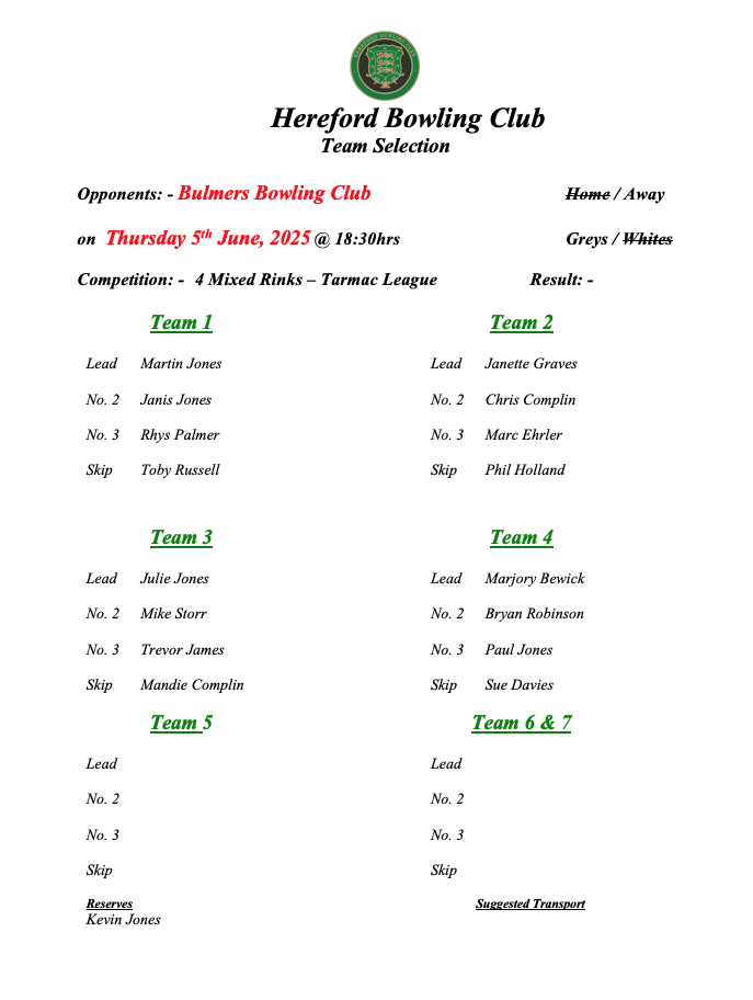 Hereford Bowling Club Bulmers - Tarmac League - 05/06/25