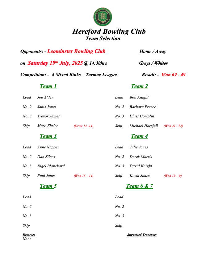 Hereford Bowling Club Leominster - Tarmac League - 19/07/25