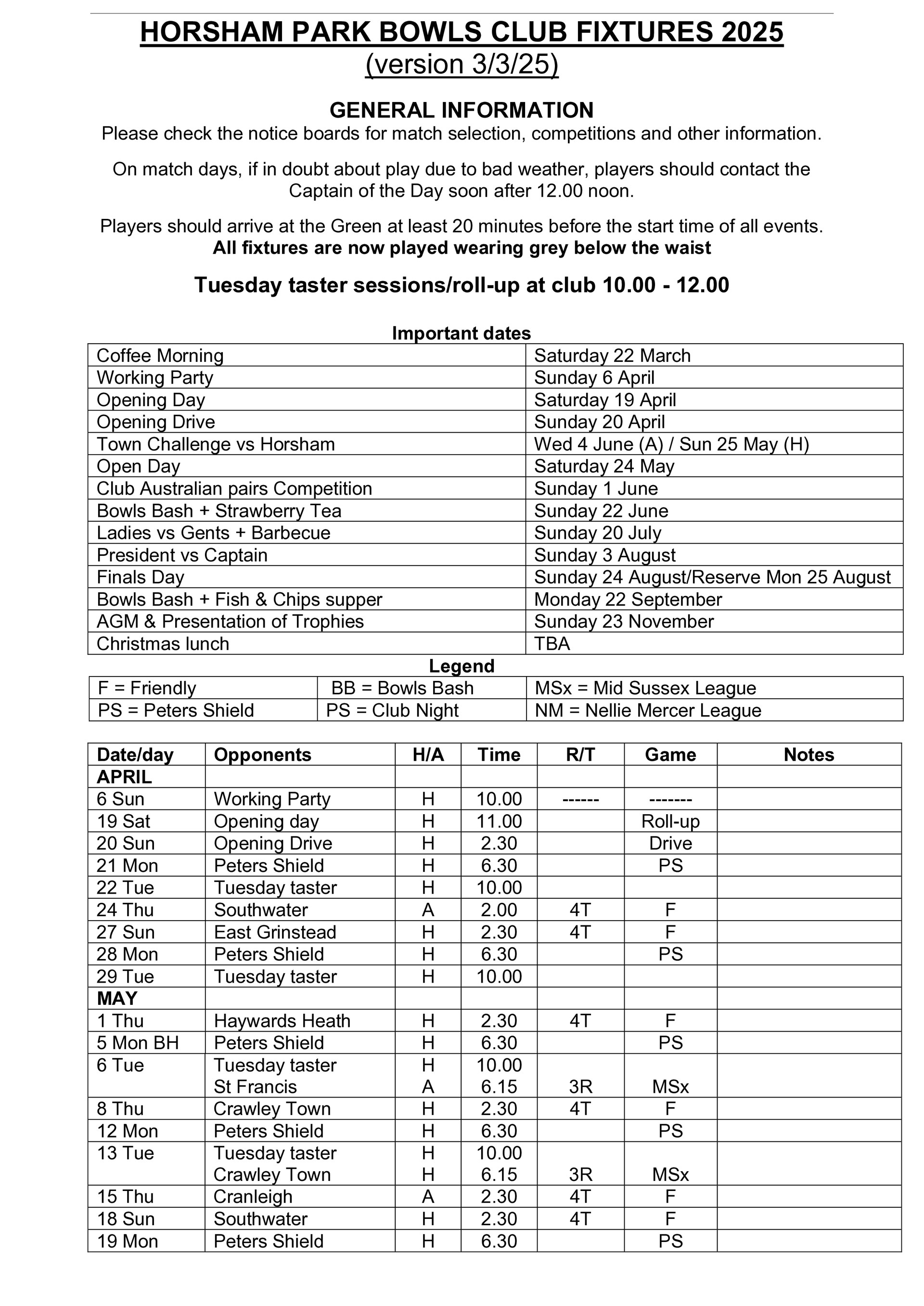Horsham Park Bowls Club FIxture 2025
