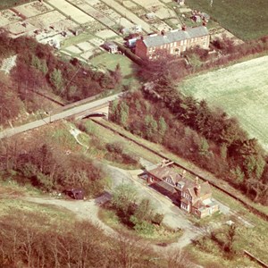 Arial view of West Meon Station and railway cottages shortly after closure.