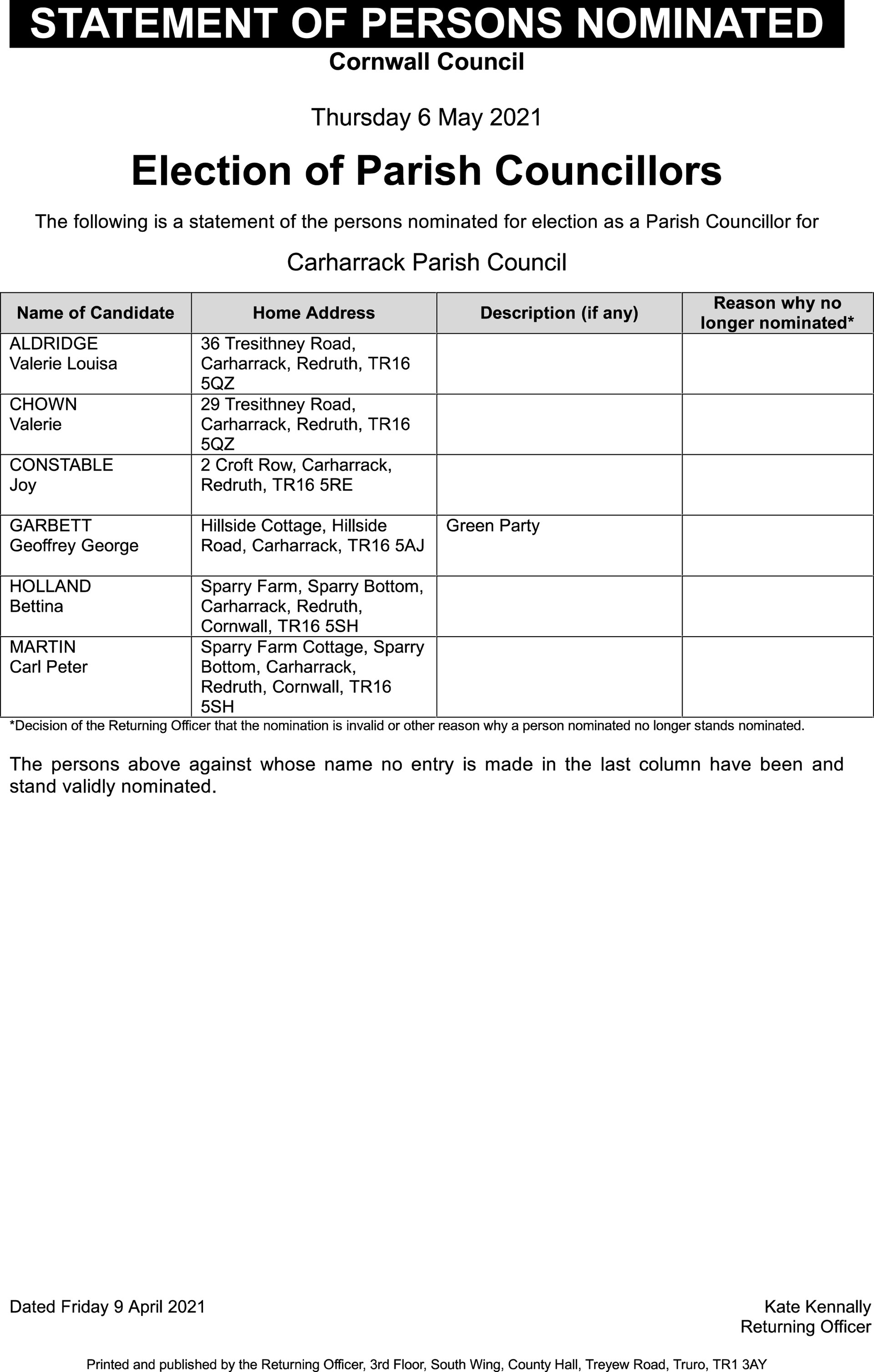 Carharrack Parish Council Notices of Elections 2021
