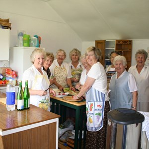 The Ladies hard at work catering for the players & our guests. L-R Jean Lemon. Val Jones, Wyn Webber, Gerry Hares, Nora Mitchard, Margaret Reynolds, Ella Hicks, Barb Cox
