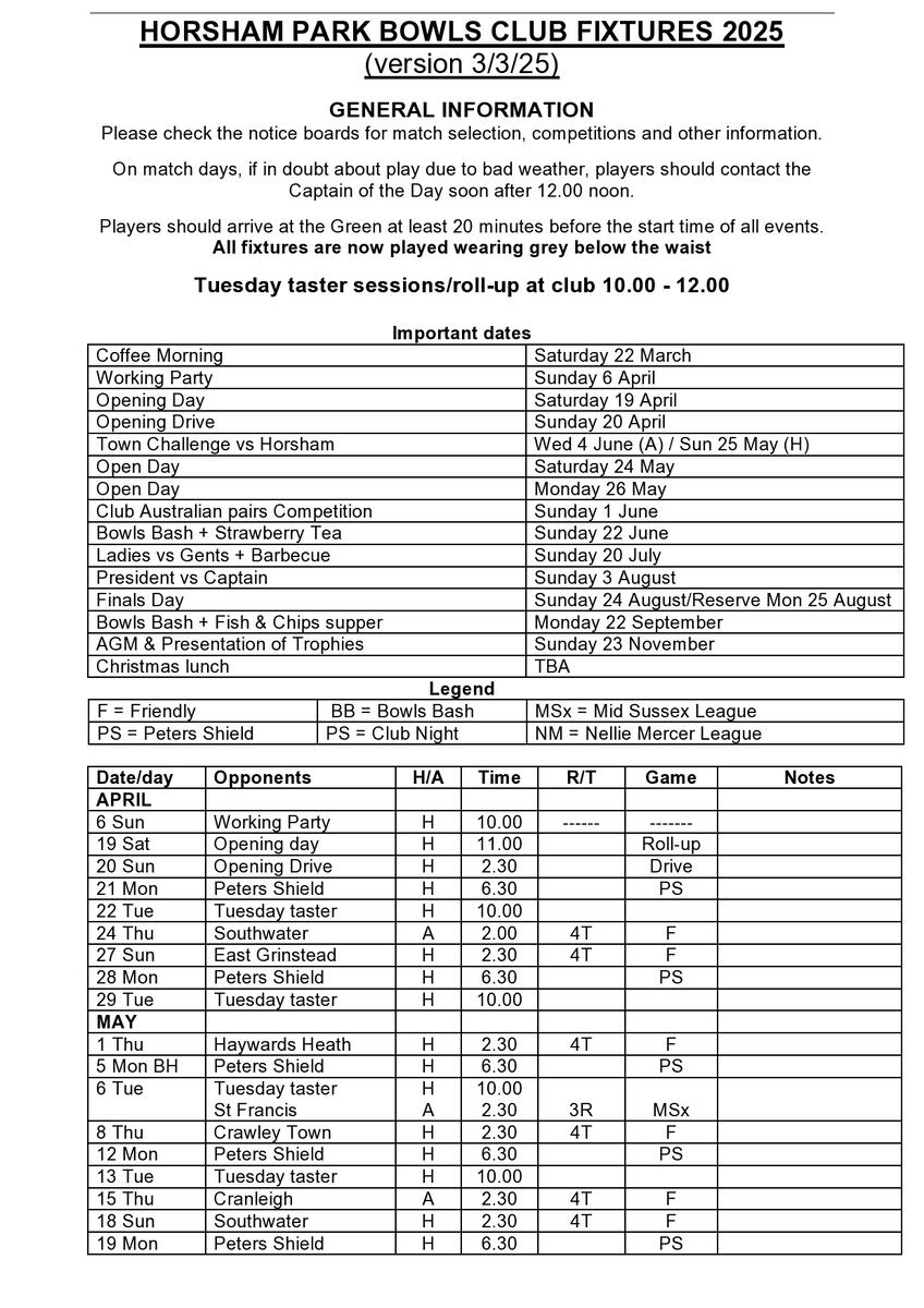 Horsham Park Bowls Club FIxture 2025