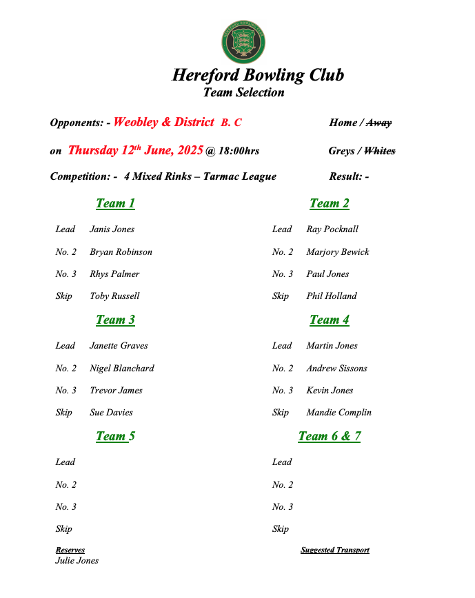Hereford Bowling Club Weobley - Tarmac League - 12/06/25