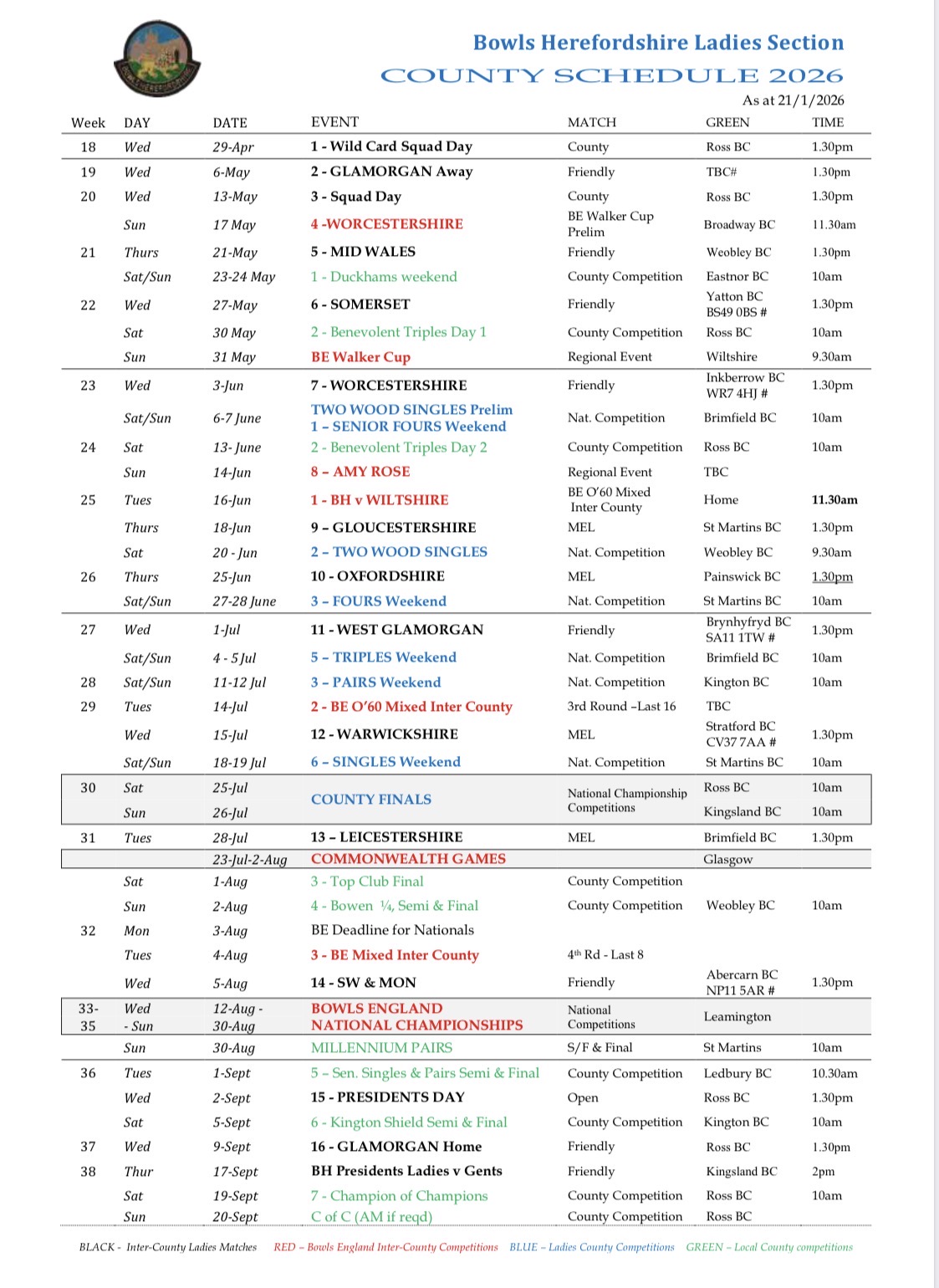Ladies Schedule 2026 as at 9/1/2026