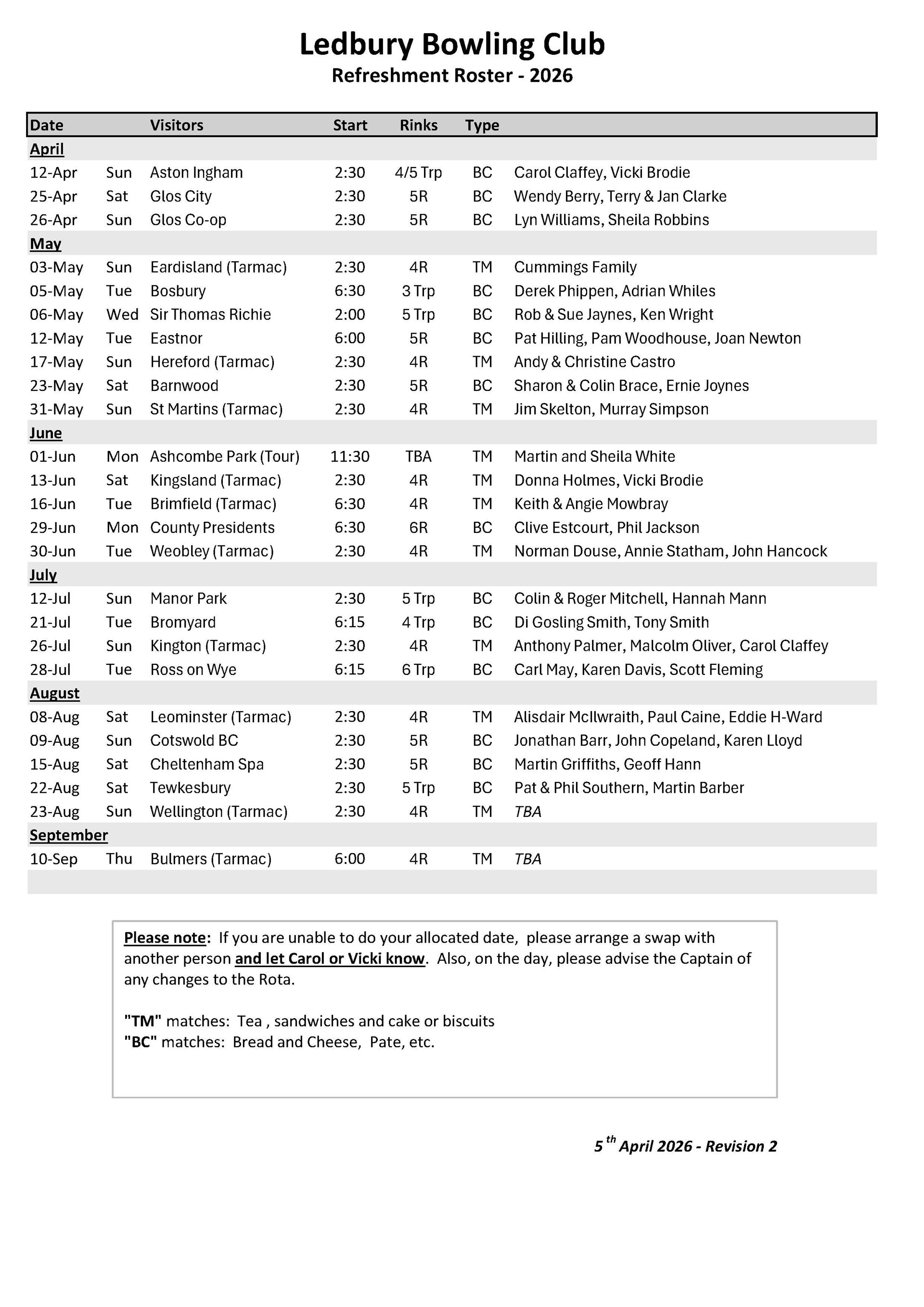 Ledbury Bowling Club Refreshment Roster