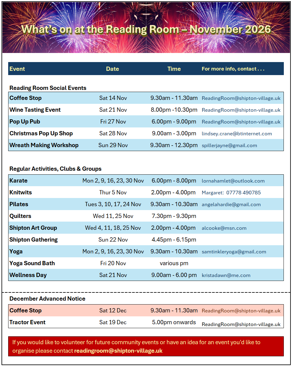 Shipton Village Reading Room Events - November 2026