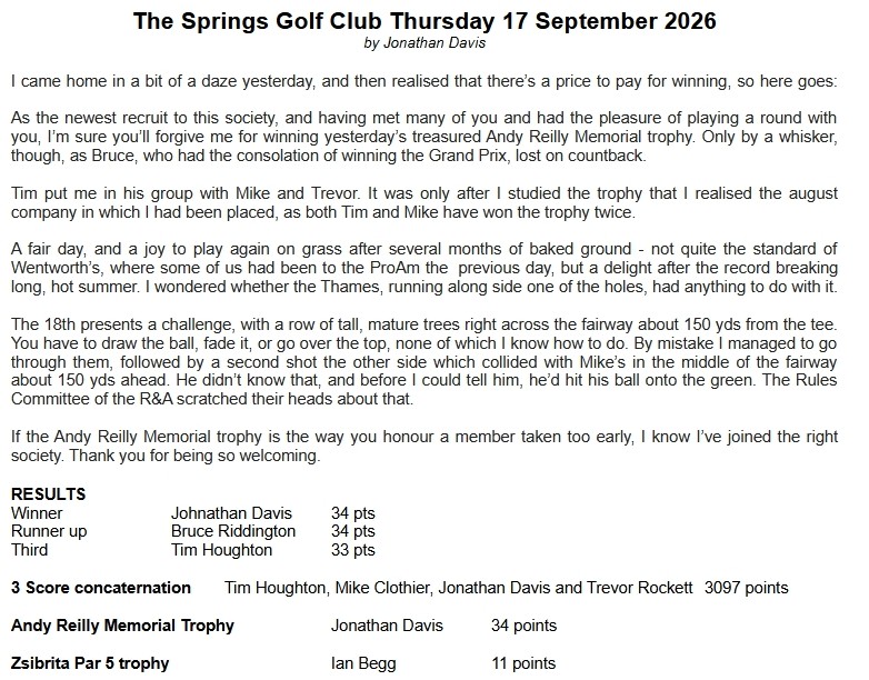 Bracknell Cavaliers Golf Society The Springs Thursday 17 September 2026
