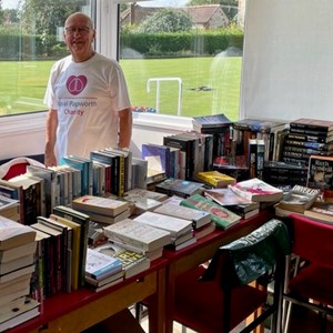 Dave manning the book stall