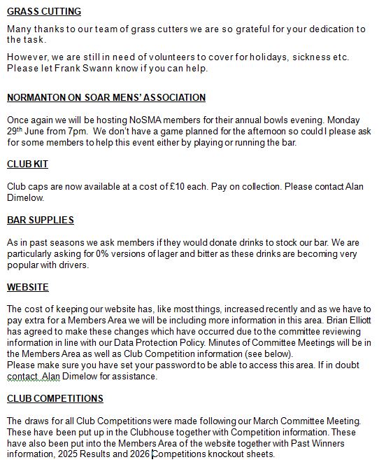 Sutton Bonington Bowls Club Club Newsletters