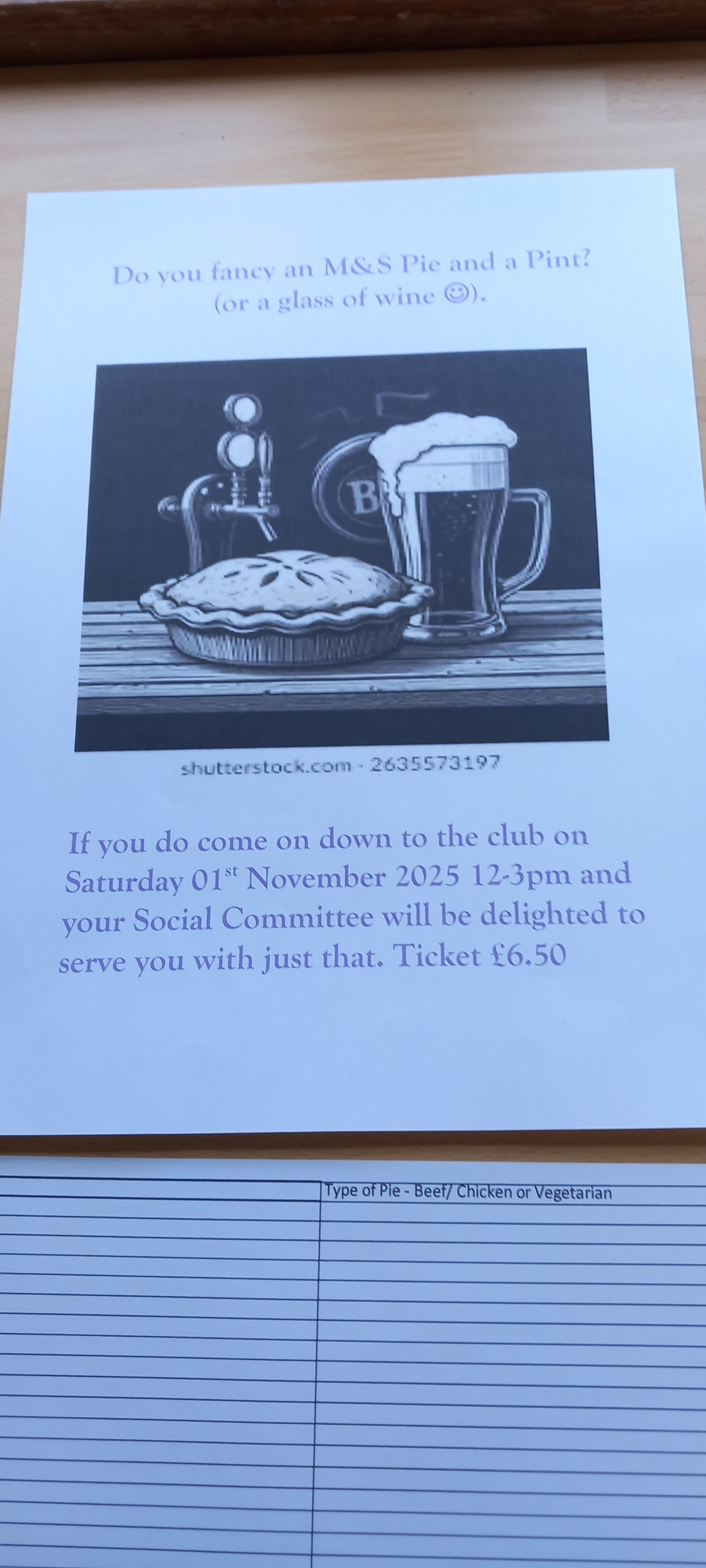 Pie and a pint, Saturday 1st November Pie and a pint, Saturday 1st November
