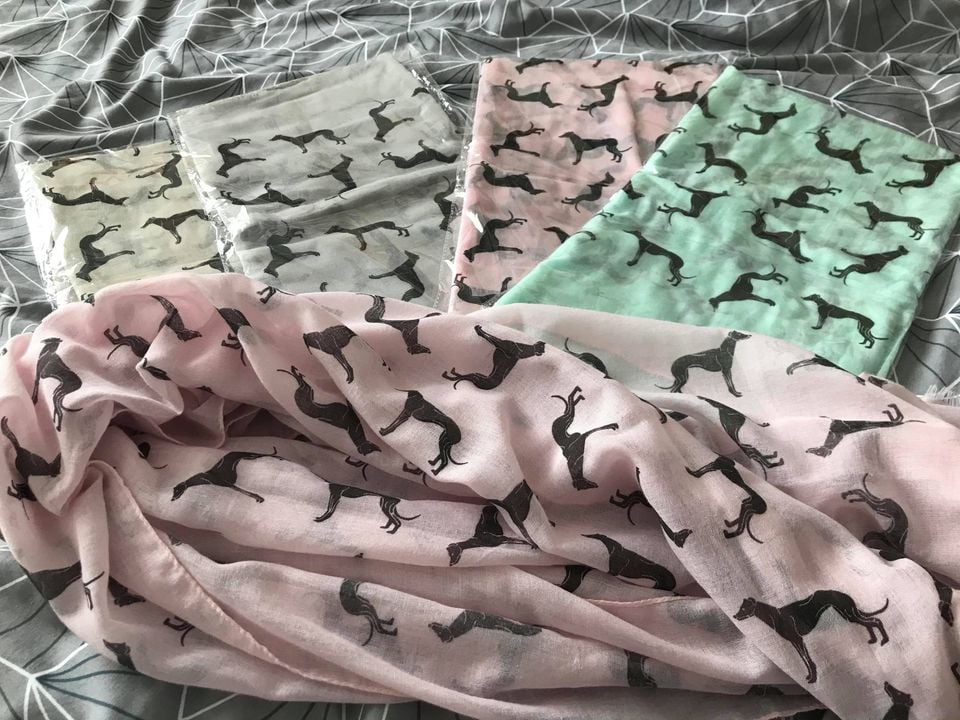 Greyhound Scarfs beige, grey, pink and mint available. £ 8.00 including postage.