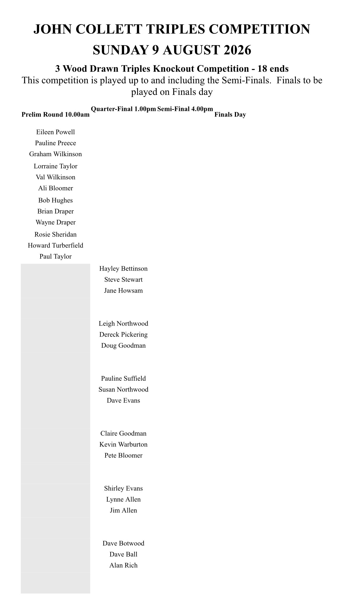 Brimfield and Little Hereford Bowling Club Draw for competitions