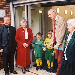 The official opening of the Newfound Pavilion in 2004 with Robin Haddow (Architect), Ros Blackman (PC Chairman) two young members of the Oakley Youth FC, Sir George Young (MP) and Gwen Richardson (Mayor of Basingstoke and Deane)